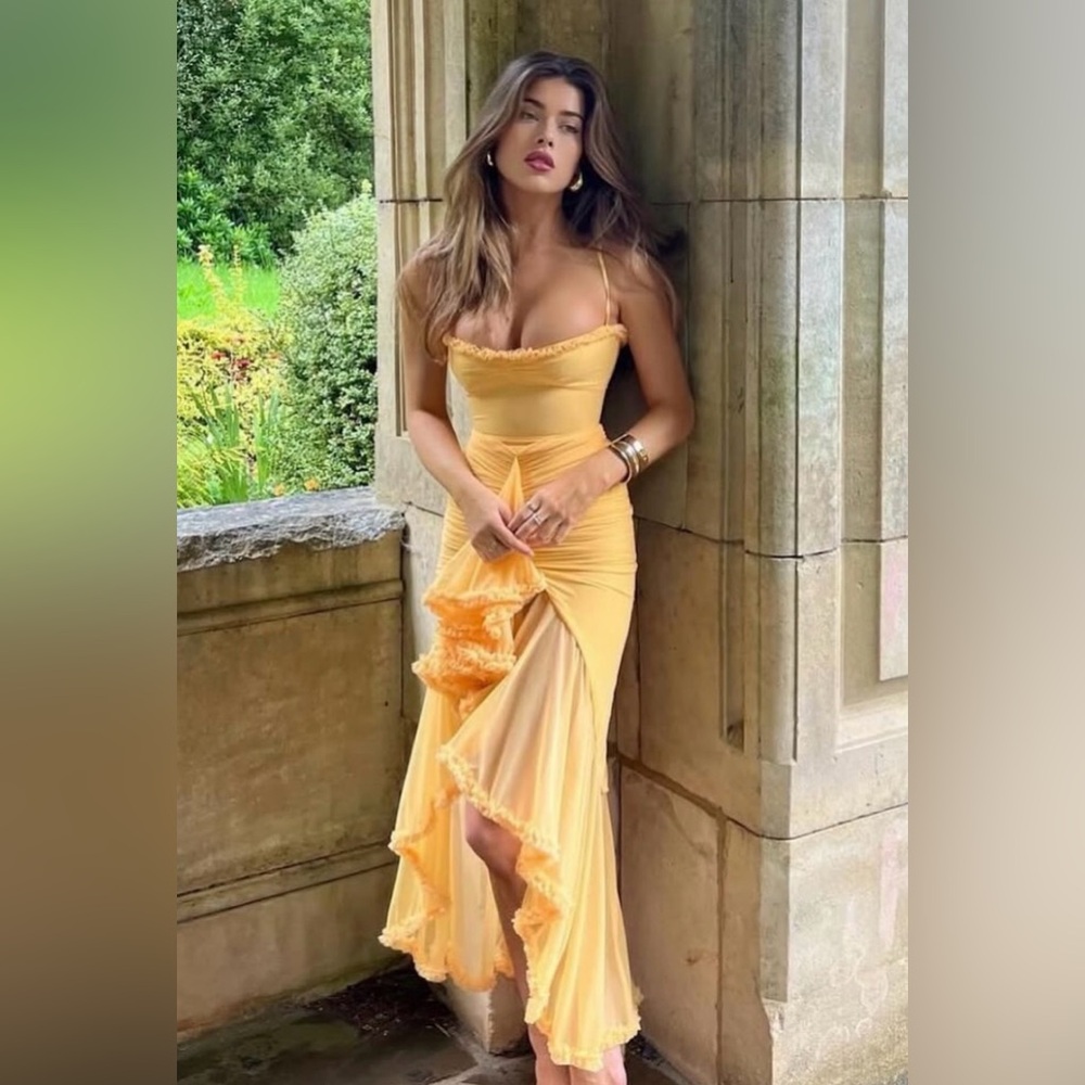 Yellow Ruffled Slip Midi Dress
